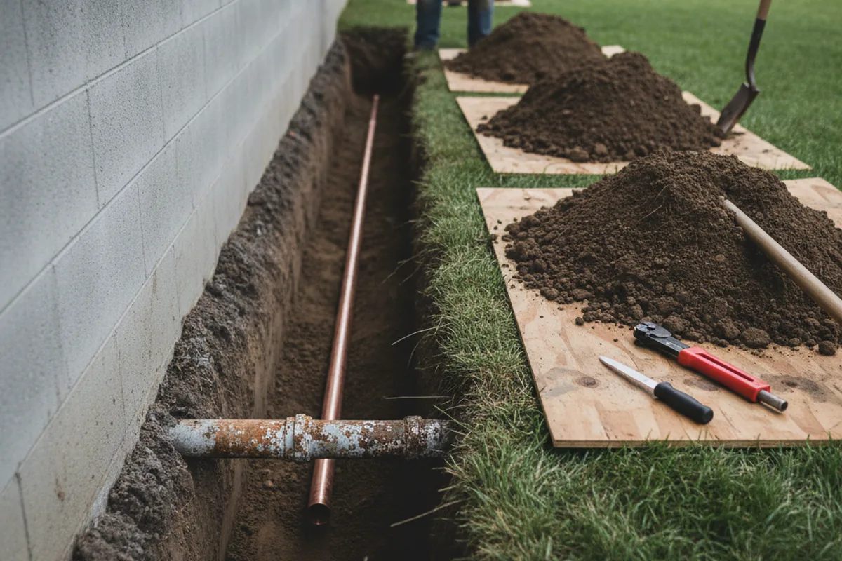Excavated water line trench during Water Heater Repair in Lewisville